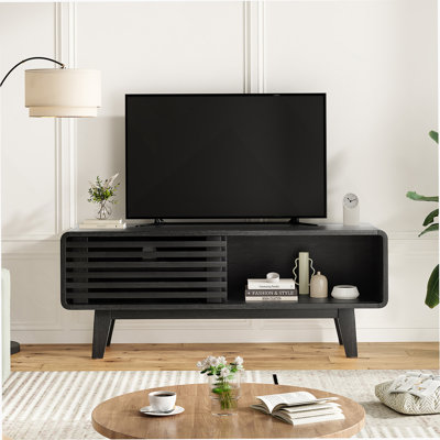 Meuble télé pour téléviseur de 59 po ou moins, meuble audio-vidéo avec meuble de rangement et porte coulissante, console Mid-Modern Century pour salon, chambre à coucher, noir, 46 po