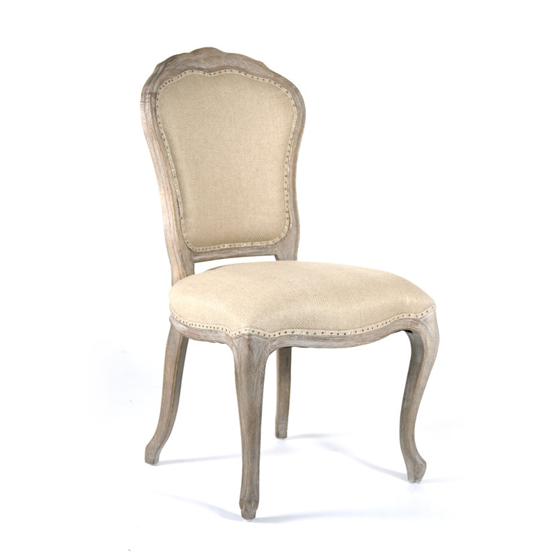 Gray Linen Upholstered Side Chair with Cane and Wood Frame