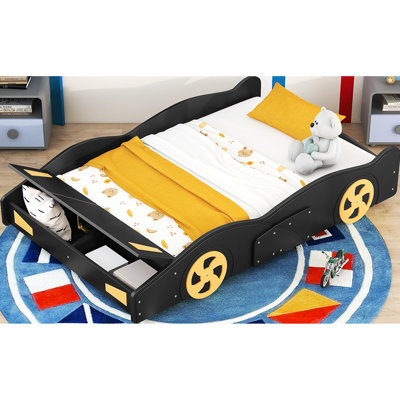 Lit de voiture de course avec rangement et matériaux de qualité noir et jaune
