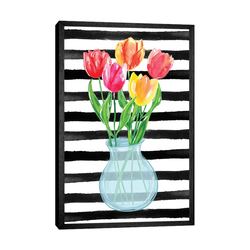 Tulips Stripes by Sara Berrenson - Print on Canvas, 101.6 cm H x 66.04 cm W, Black Framed