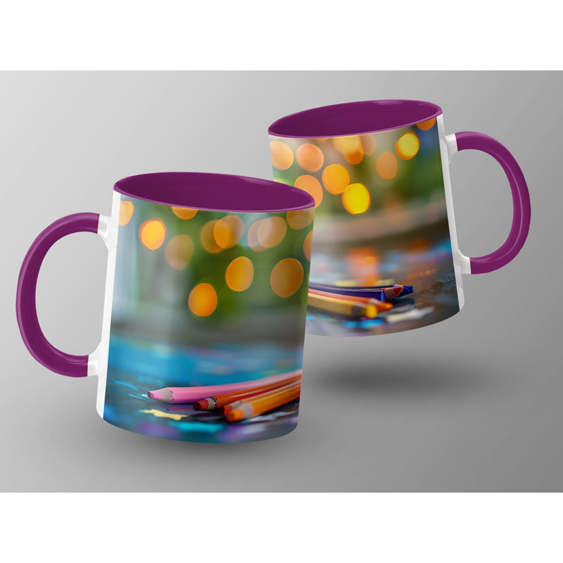 Kids Drawing Style 11oz Accent Mugs – Ceramic Coffee Cup with a Purple Handle and Interior