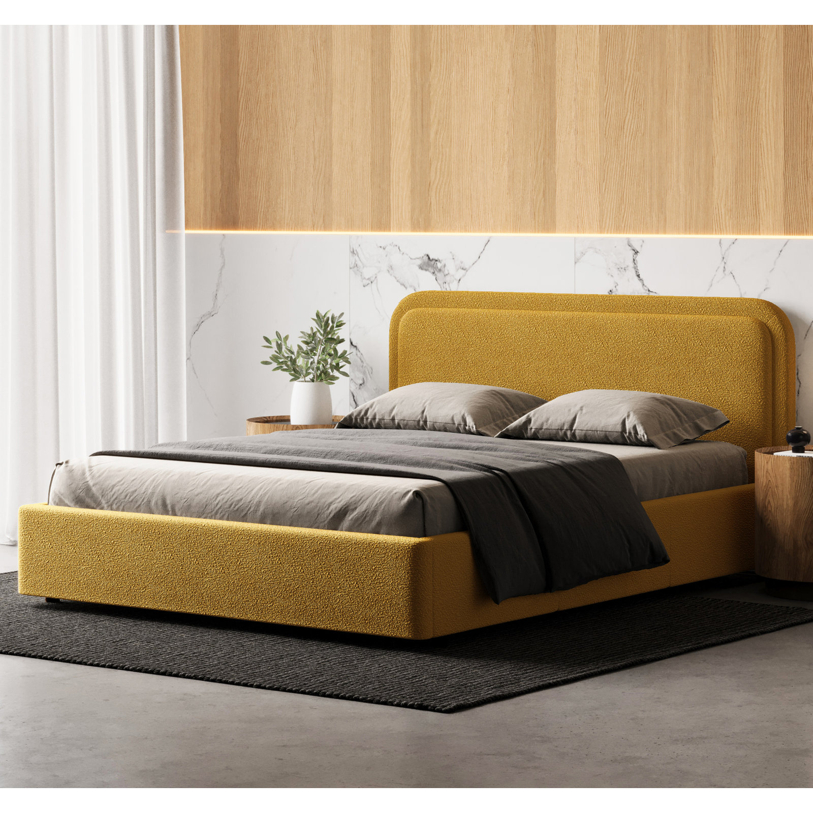 Baneza Platform Bed, Queen, Mustard Boucle