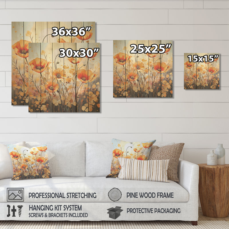 Yellow And Green Poppy Meadows III - Poppies On Wood Print, 30" H x 30" W