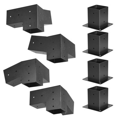 Ensemble de pergola, support incliné 3 voies 4 x 4 pouces pour poutres en bois 3,5 x 3,5 pouces de taille réelle, support de pergola en acier au carbone avec vis et bases de poteau, pour pergolas en bois d'extérieur, abris de jardin, remises, 8 pièces