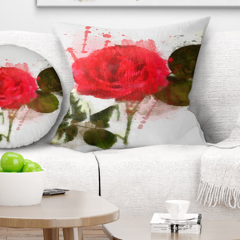 Rose rouge avec pétales verts - coussin à imprimé floral, 18 po x 18 po, Coussin décoratif