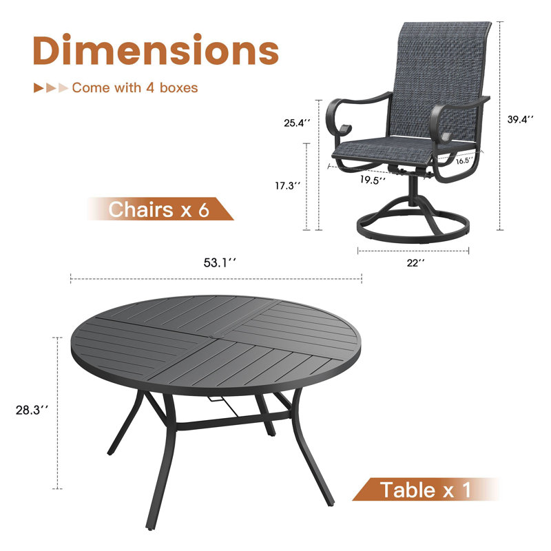 6-Person Round Patio Dining Set With 360° Swivel Textilene Rocking Chairs, Black/Black/Black