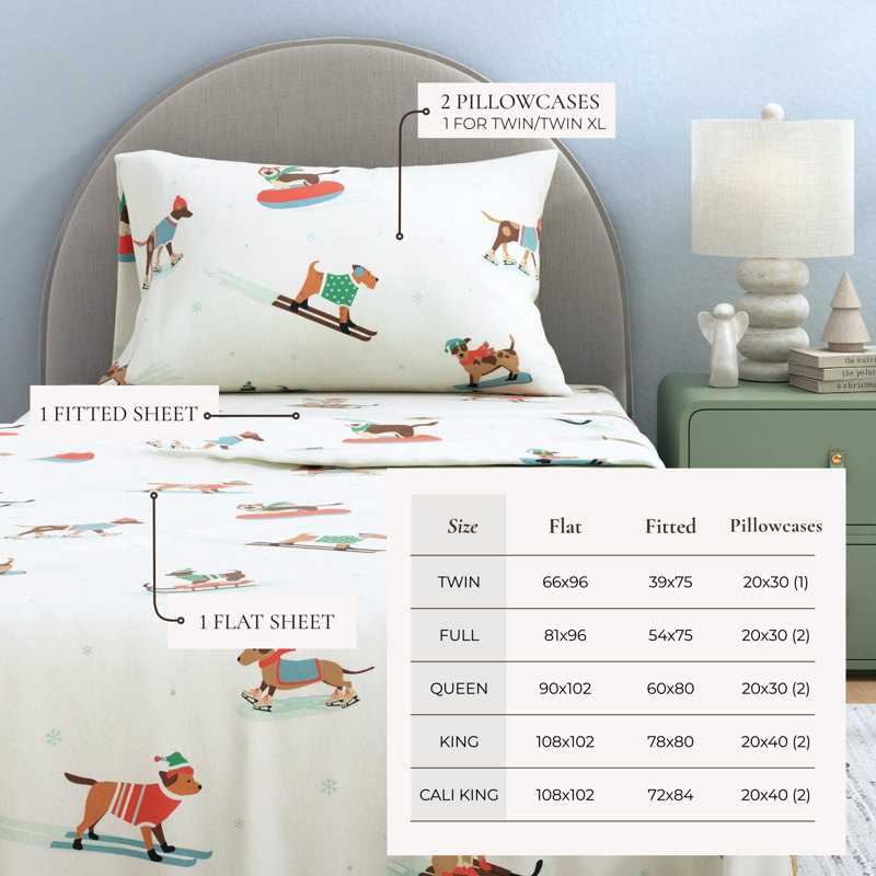 100% Turkish Cotton Flannel Christmas Sheet Sets, Outdoor Festive Dogs, King with 2 Pillowcases
