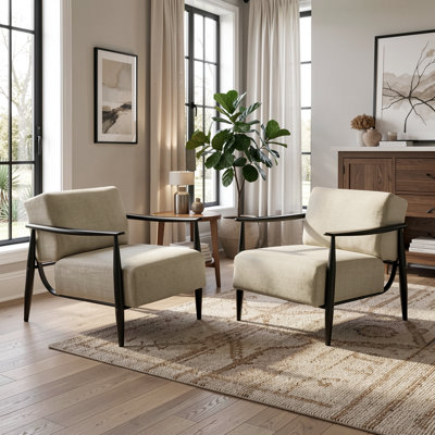 Ensemble de 2 chaises d'appoint rembourrées beige Mid-Century avec accoudoirs en bois espresso et structure en métal noir
