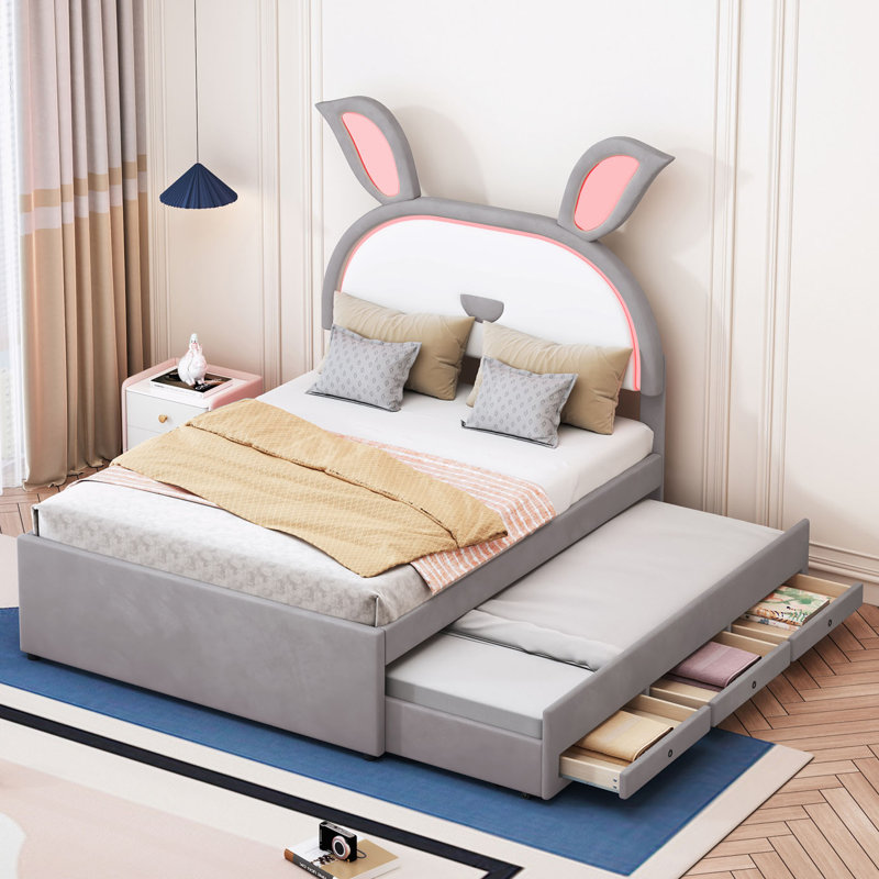 Aalaysia 3 Drawers Upholstered Platform Bed with Light Headboard and Trundle, Full, Gray