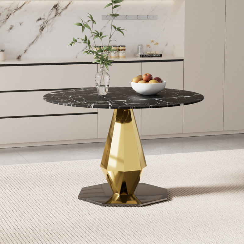 Table de salle à manger ronde en verre trempé avec texture Marbel, Noir, Or/noir, H 29,5 po x L 39 po x l 39 po