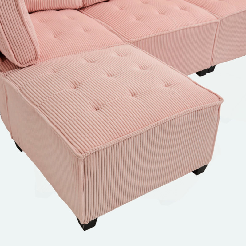 Canapé modulaire en U avec repose-pieds réversible, Velours côtelé rose