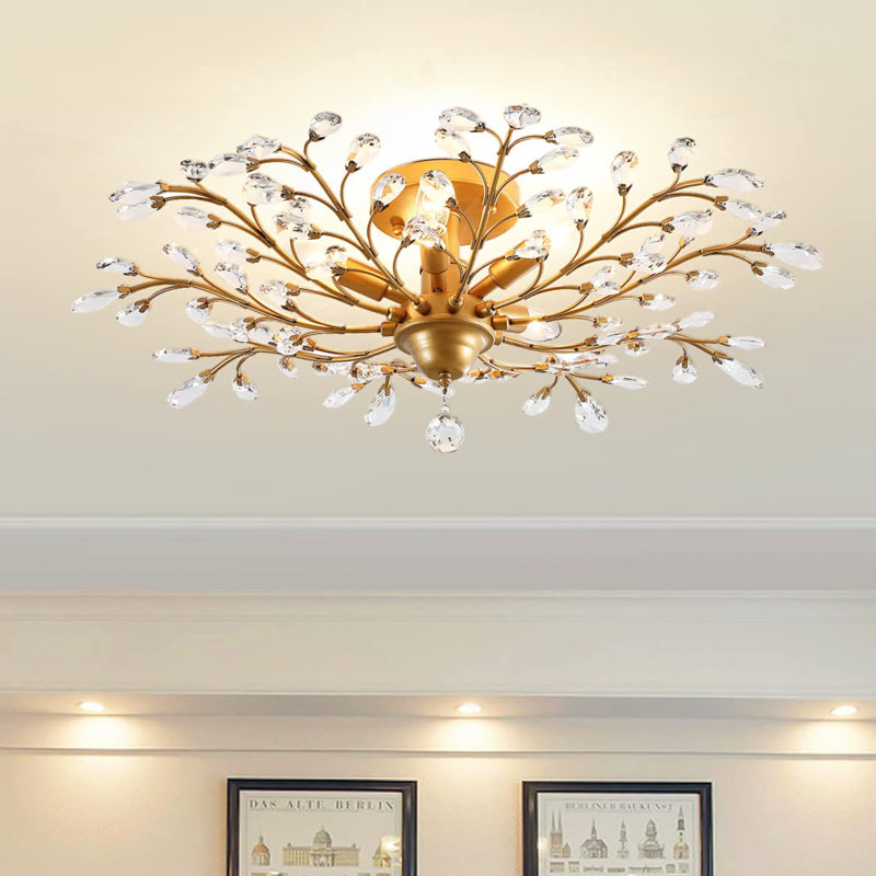 Nevis 5 - Light 80cm Dimmable Crystal Semi Flush Mount, Gold