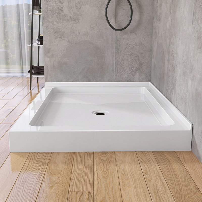 Double Threshold Shower Pan Base In White With Center Drain Assembly