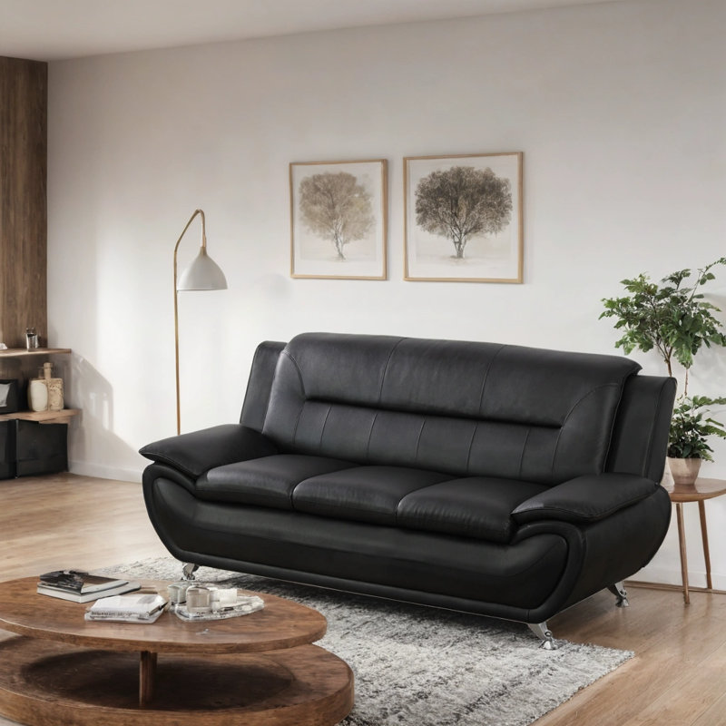 79'' Faux Leather Minimalist Sofa, 36" H x 79" W x 35.5" D, Black