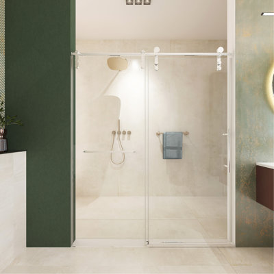 Porte de douche sans cadre, porte coulissante de 56 à 60 po x H 76 po, cabine de douche en verre trempé épais de 5/16 po (8 mm) de qualité supérieure avec barre à serviettes