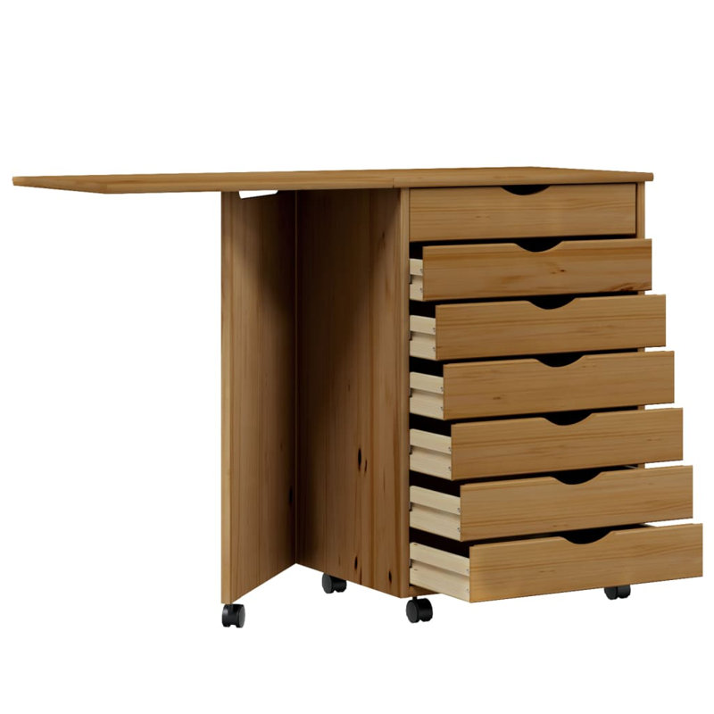 Jennavecia vidaXL MOSS 7-Drawer Chest with Desk & Wheels, Solid Pinewood, 41.5"x15.4"x29.3", Honey Brown