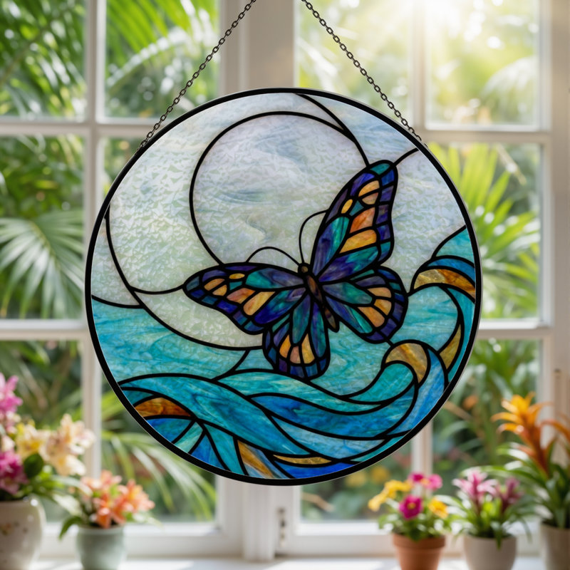 Panneau de vitrail 12 "H Butterfly Waves, H 7,8 po x l 7,8 po