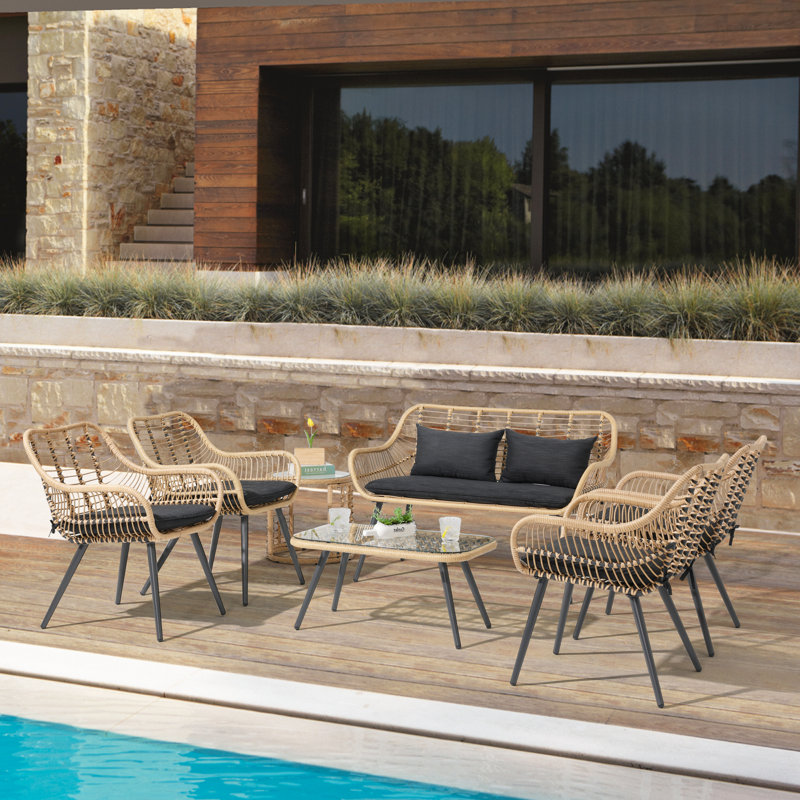 Cuesta Rattan Sofa Seating Group with Cushions, Black, No