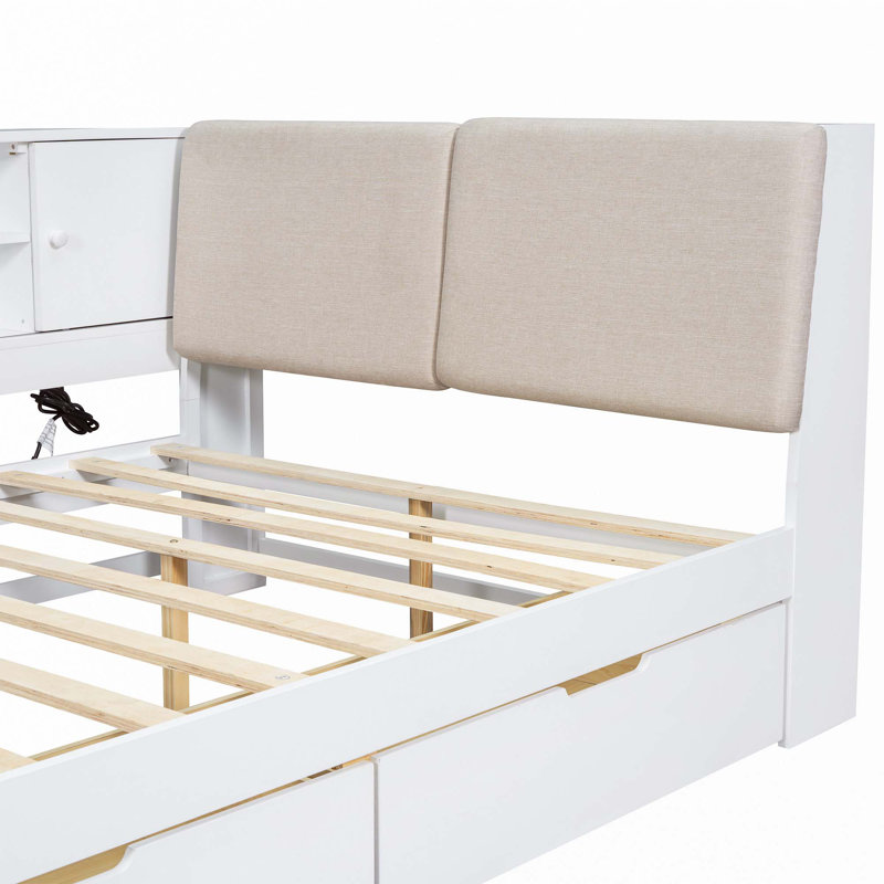 Lit d'angle en L avec tiroirs de rangement sous le lit et ports de recharge USB, Full/Double, White