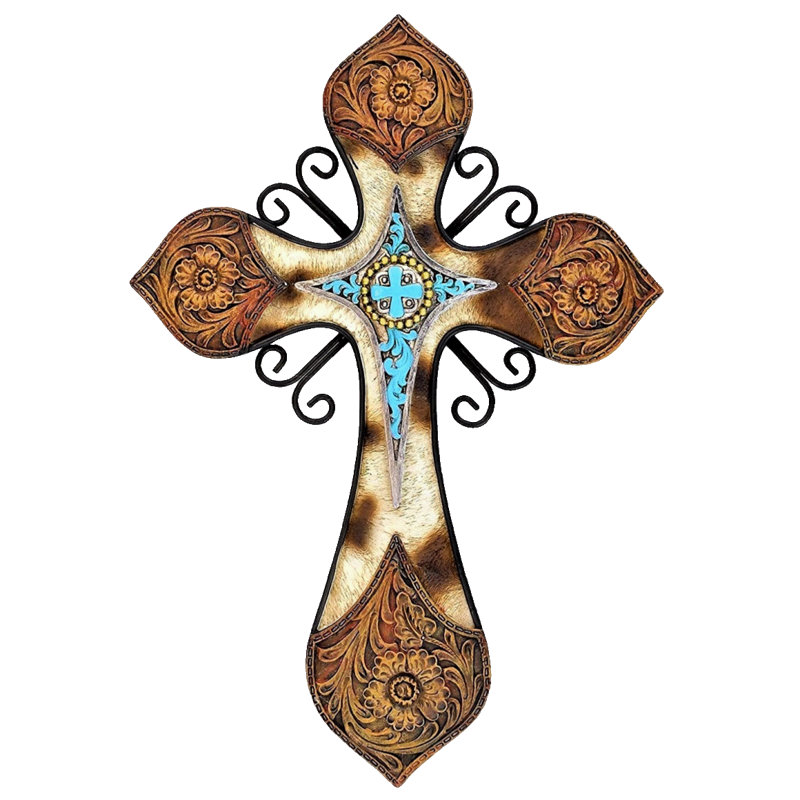 Faux Leather Western Wall Cross Cowhide Style with Turquoise Center and Floral Embossed Design