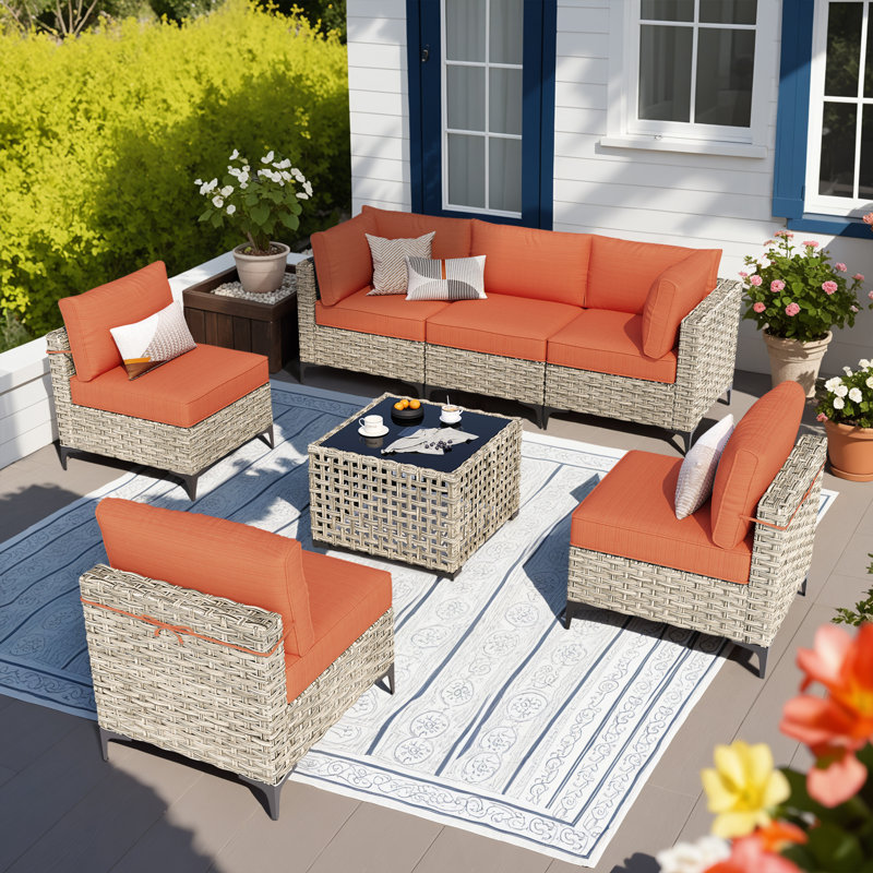 6 - Person Outdoor Seating Group With Cushions, Orange Glass
