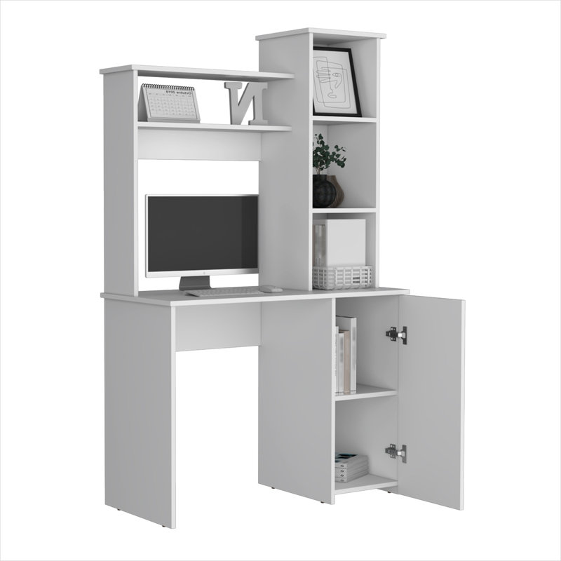 Bureau d'ordinateur en bois d'ingénierie blanc doux avec huche, tablettes à 3 niveaux et armoire, surface de travail de l 38,7 po x P 17,7 po