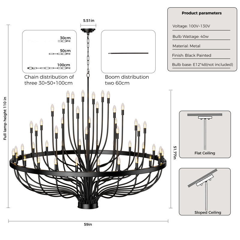 Lustre de ferme noir, H 51,77 po x l 59 po x P 59 po
