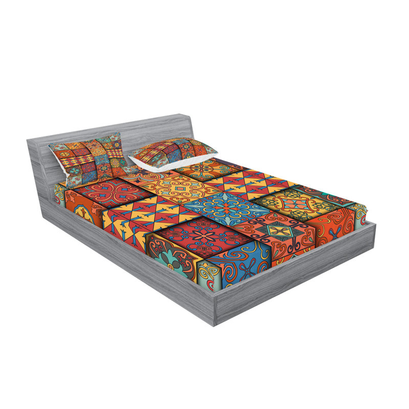 Ambesonne Talavera Fitted Sheet & Pillow Sham Multicolor, Queen Sheet Set + 5 Additional Pieces