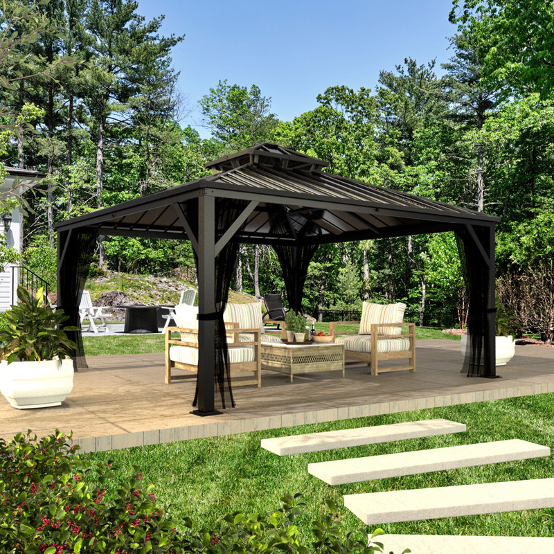 Pavillon de jardin en aluminium à toit double avec toit rigide, H 113,03 po x l 144 po x P 144 po