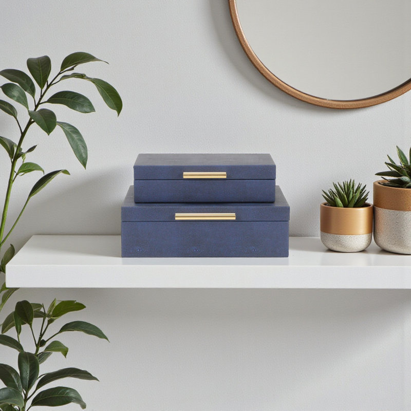 RebekaSet de 2 boîtes de rangement décoratives rectangulaires emboîtables, finition embossée moderne - faux chagrin bleu marine