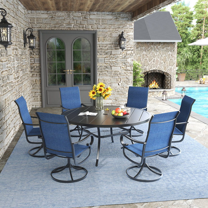 6-Person Outdoor Patio Dining Set With Swivel Chair, Black/Blue