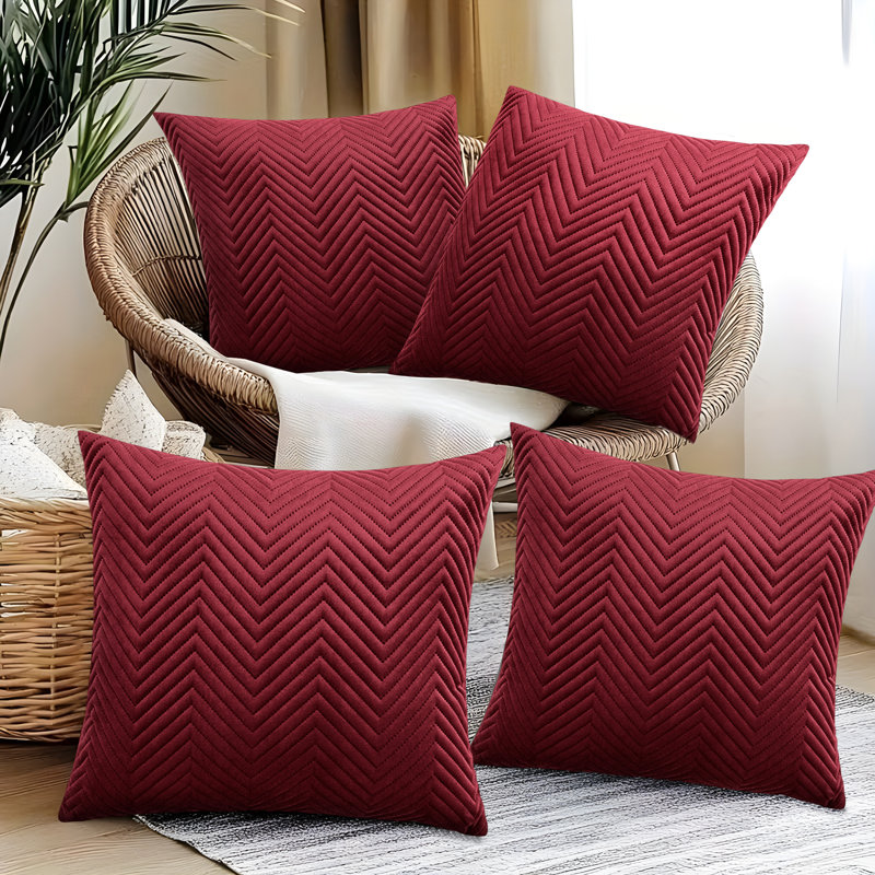 Embossed Quilted Pattern Velvet Cushion Cover (Set of 4), Burgundy