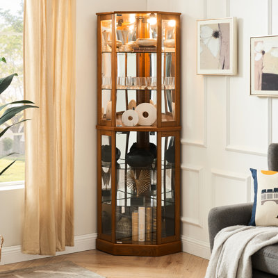 72"h Oak Curio Cabinet With Lights, Mirrored, Adjustable Shelf Unit 6 Shelves,