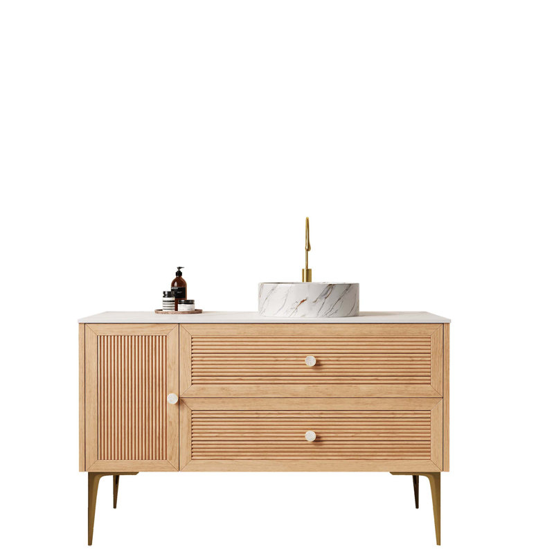 Meuble-lavabo autoportant de 48 po avec lavabo 48 po, 4 pieds en métal, porte et 2 tiroirs, lavabo en céramique à motif de pierre, sans robinet, pré-assemblé