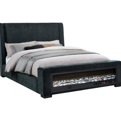 Mid - Century Modern Dark Blue Upholstered Eastern King Bed, Adjustable Brightness, Wireless Remote Control, Audio, Flame Visualizer With 13 Customizable Colors For Bedroom Decor Modern, Visual Custom