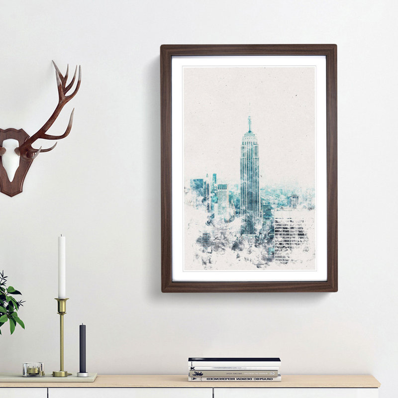 Empire State Building In New York Watercolour - Picture Frame Graphic Art, Walnut Framed, 33cm H x 24cm W x 2cm D