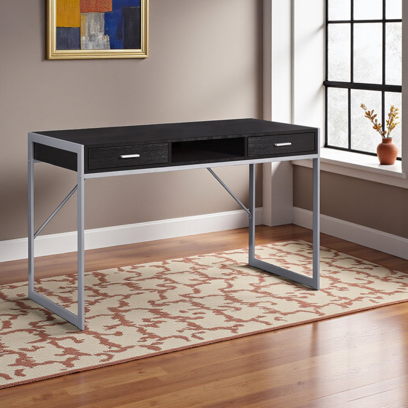 Bureau d'ordinateur à 2 tiroirs avec pieds en métal argenté brun foncé Mirlegava, H 29,85 po x l 47,73 po x P 21,89 po