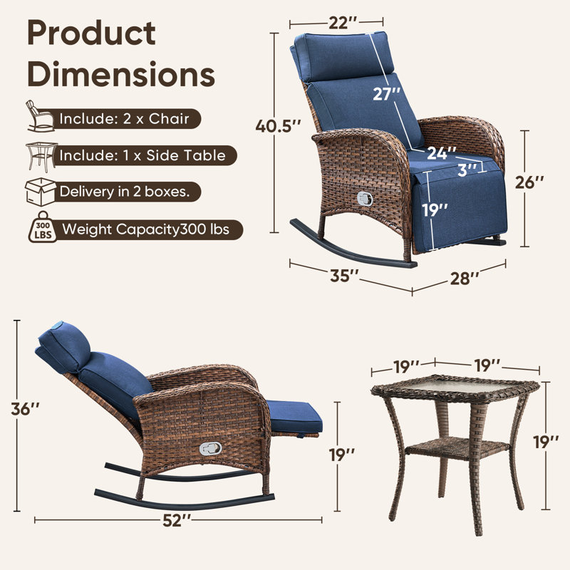 Chaises berçantes d'extérieur inclinables en osier avec coussins et table d'appoint 3 pièces Asenpark, Bleu