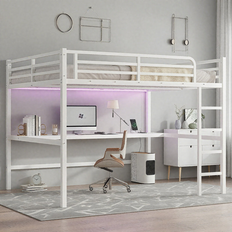 Grand lit mezzanine en métal avec bureau, prise de courant et éclairage à DEL, peu encombrant, réduit le bruit, blanc