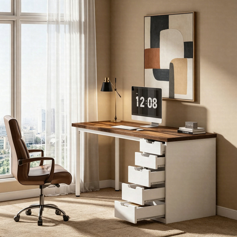 Bureau d'ordinateur 47 po à 5 tiroirs, poste de travail rustique avec rangement, Brun / Blanc