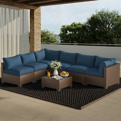 Ensemble de conversation d'extérieur en osier 7 pièces avec coussins et table basse - Bleu
