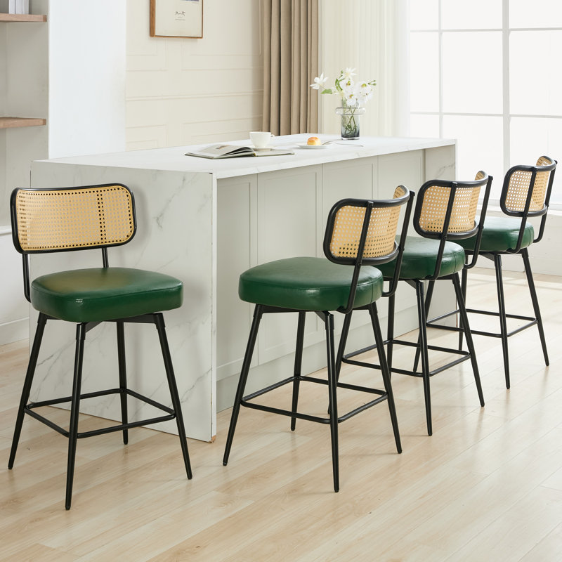 Swivel Upholstered Counter Stools With Rattan Back, 4, Green