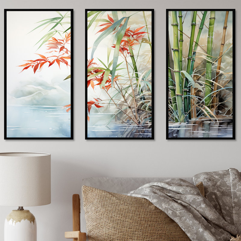 Bamboo Charm In China - Ensemble d'art mural en toile de bambou, Cadre flottant noir, H 40 po x l 60 po x P 1 po