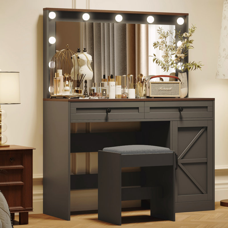Coiffeuse, coiffeuse avec grand miroir et bande lumineuse à DEL (avec tabouret), Noir