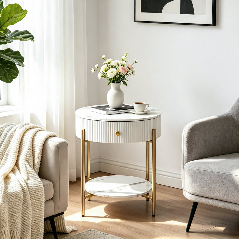 Woodville Side Table with Storage, Gold, Calacatta White
