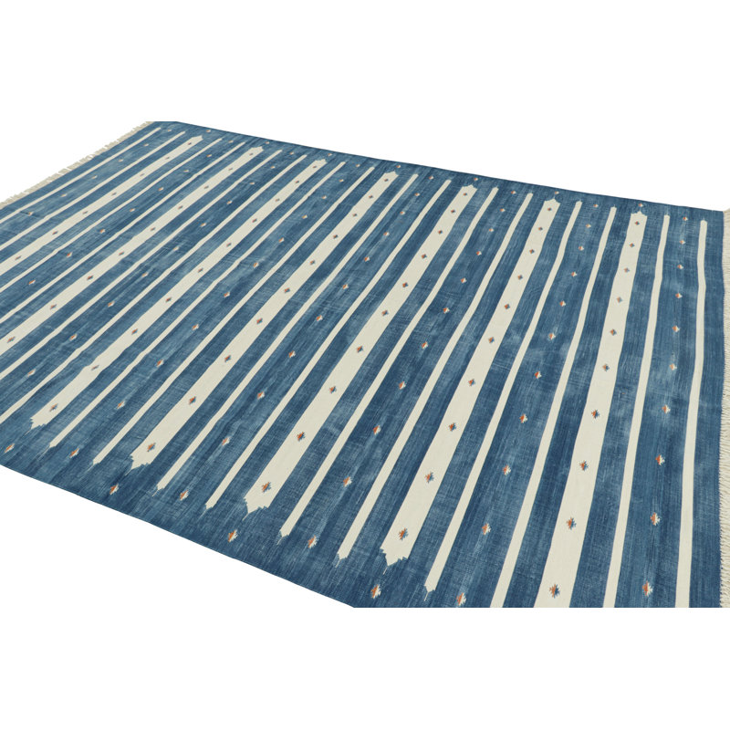 Rug & Kilim’S Contemporary Dhurrie Rug In Blue With White Stripes, Rectangle 10' x 14'
