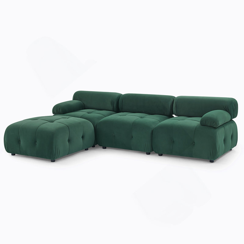 Canapé modulaire modulaire, capitonnage à boutons et bricolage, canapé en L avec repose-pieds réversible, Peluche vert foncé