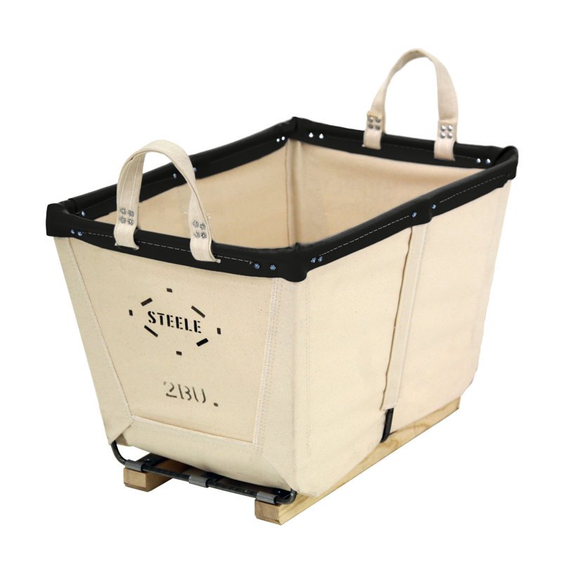Laundry Basket with Handles, Black Leather, Wood Runners