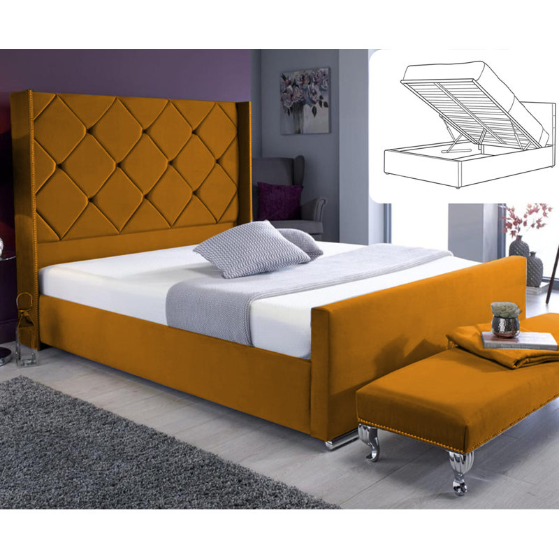 Upholstered Ottoman Storage Bed, Mustard, Double (4'6)