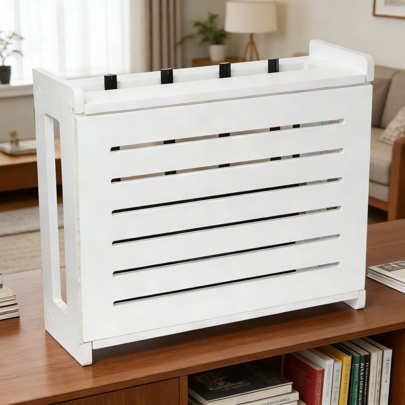 Wall Mount Router Storage Box with Cable Management, Dark Oak Cover for Modem Up To 11, White
